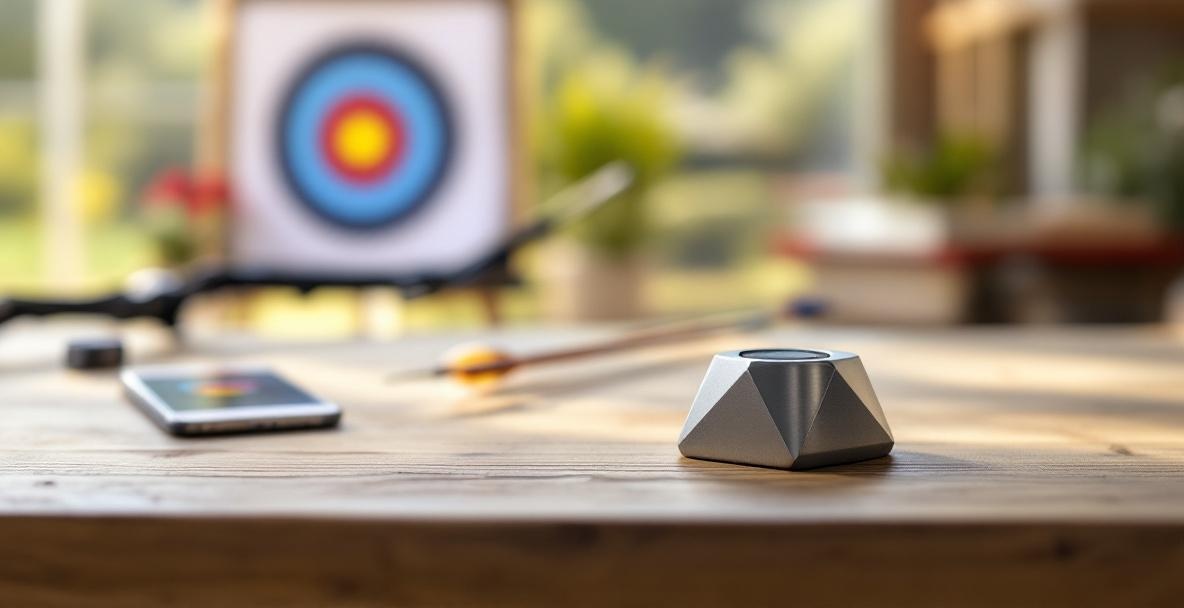 Close-up of an archery stabilizer weight on a wooden table with a bow and smartphone nearby, archery target in background.