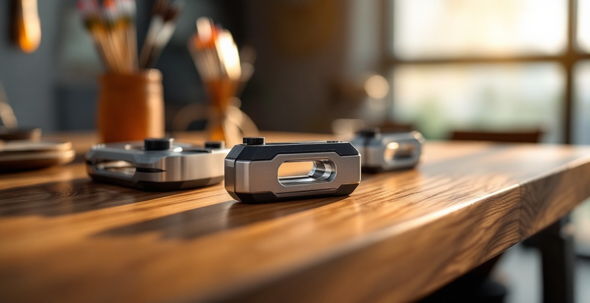 Stabilizer weights for archery on a wooden table with quiver and arrows in the background.