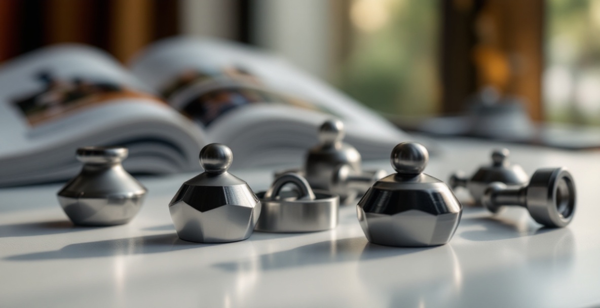 Close-up of metallic archery stabilizer weights on a white table with an open equipment catalog in the background.