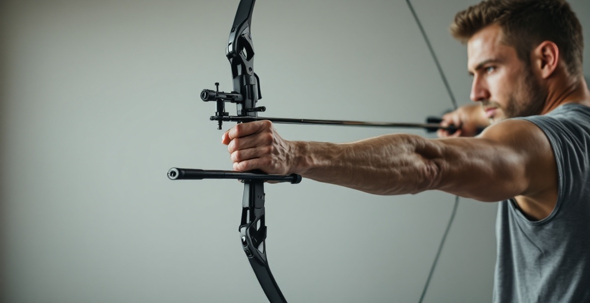 Focused archer mid-draw indoors, showcasing muscular tension and durable bow stabilizer.
