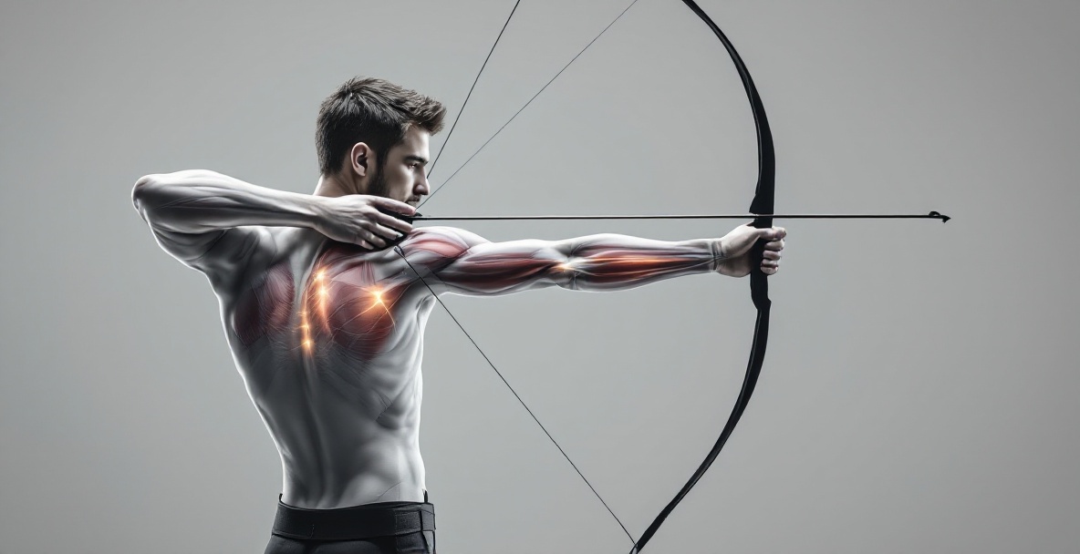 Male archer in mid-draw stance showing engaged back and arm muscles on a gray background.