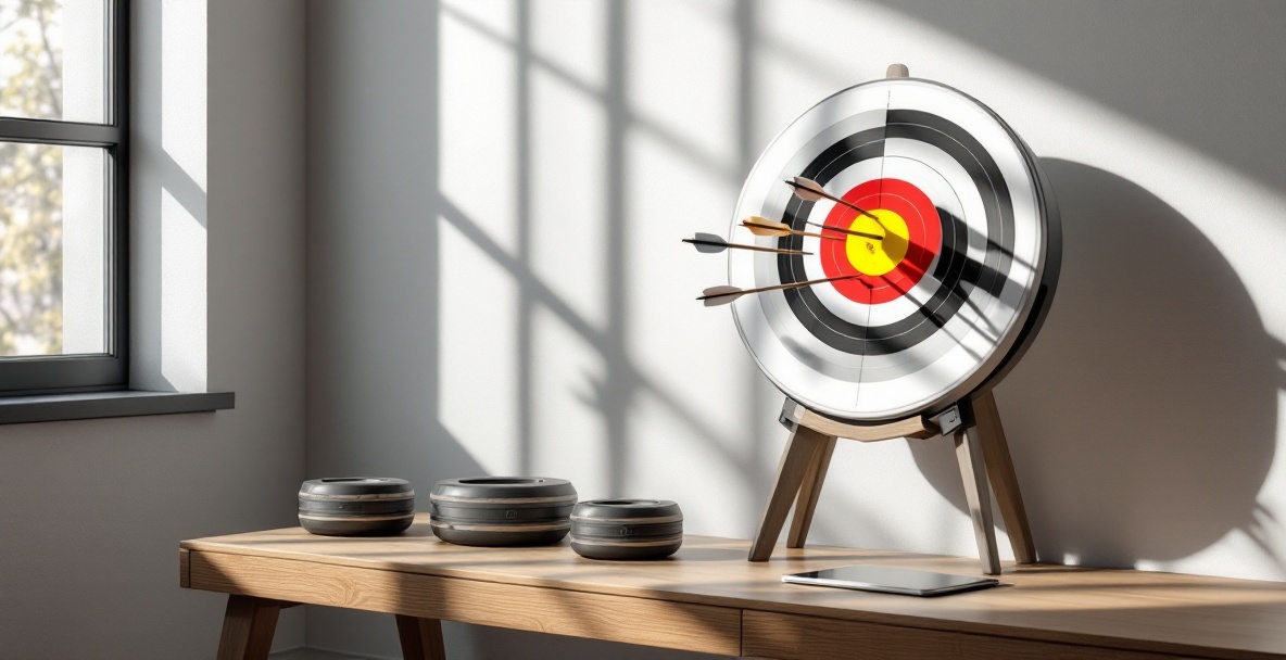 Modern archery target with arrows in bullseye, tablet showing progress, and stabilizer weights on a bench.
