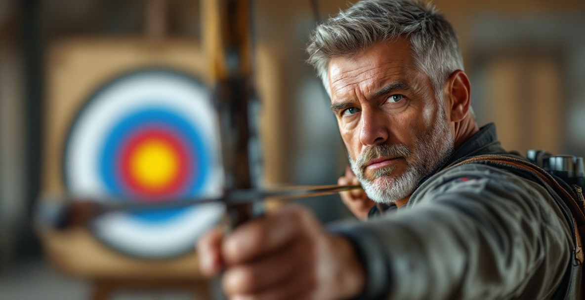 Focused archer draws a bow at an indoor range, highlighting mental concentration and modern archery gear.