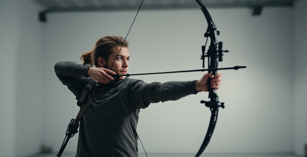 Focused archer in an indoor range with a modern bow and stabilizer weights, showcasing determination.