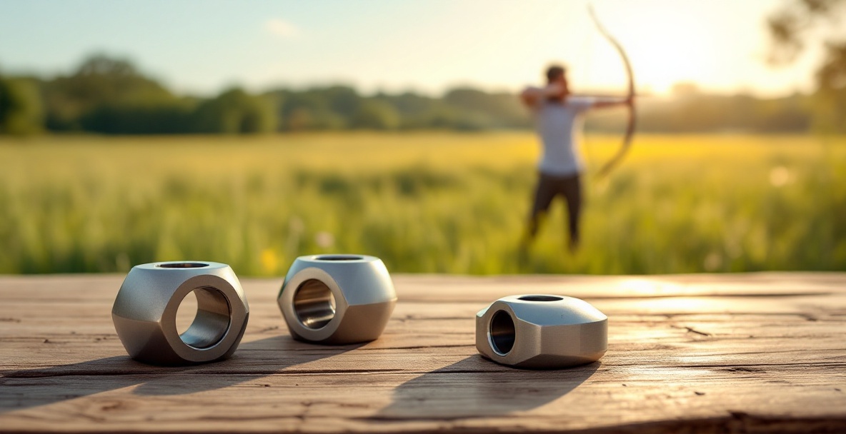 An archer aims in a field, with metallic stabilizer weights on a table in the foreground.
