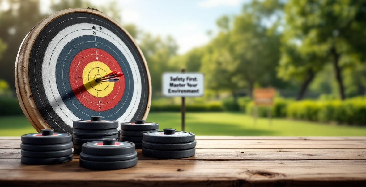 Archery range with target, arrows centered, stabilizers on table, safety sign in lush setting.