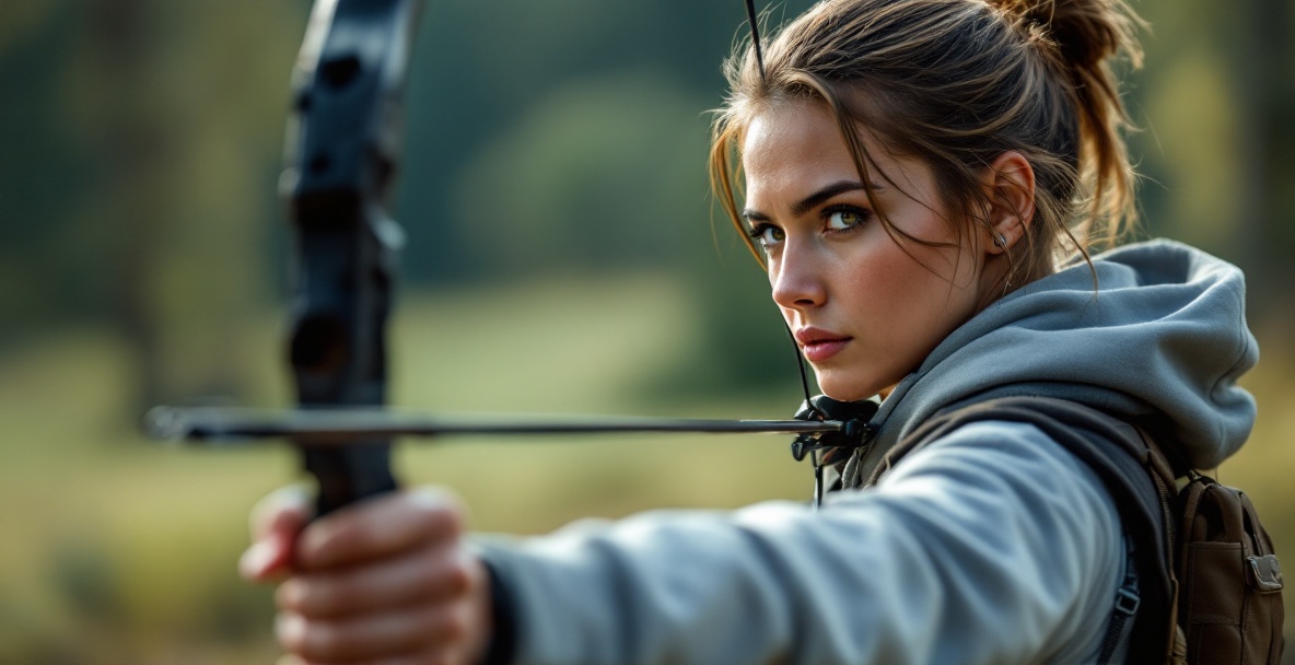 Archer focused on target with bow, on a serene range, showcasing vigilance and modern gear.