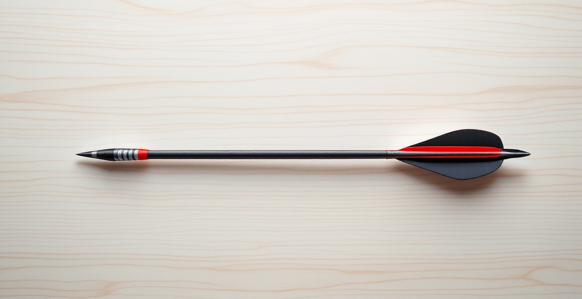 Modern target arrow with carbon shaft, fletching, nock, and point on wood backdrop.