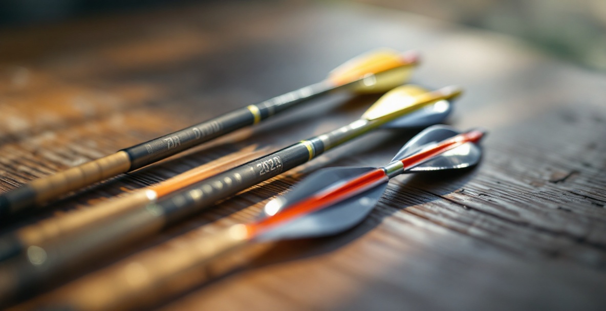 A set of modern arrows with carbon fiber shafts and colorful fletching on a wooden surface.