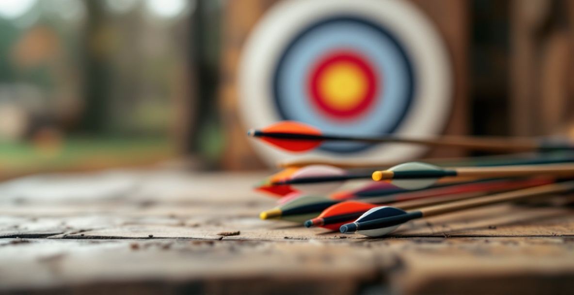 High-quality arrows with vibrant fletchings on a wooden table, blurred target in the background.