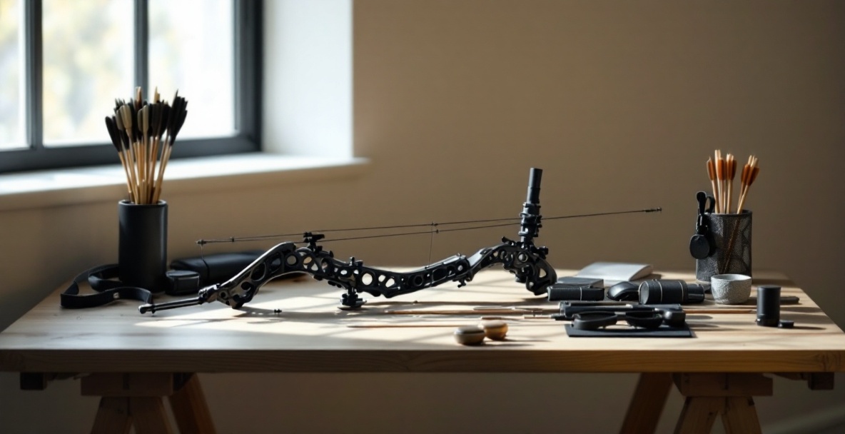 Minimalist archery workstation with bow, stabilizer weights, and tools on a wooden table.