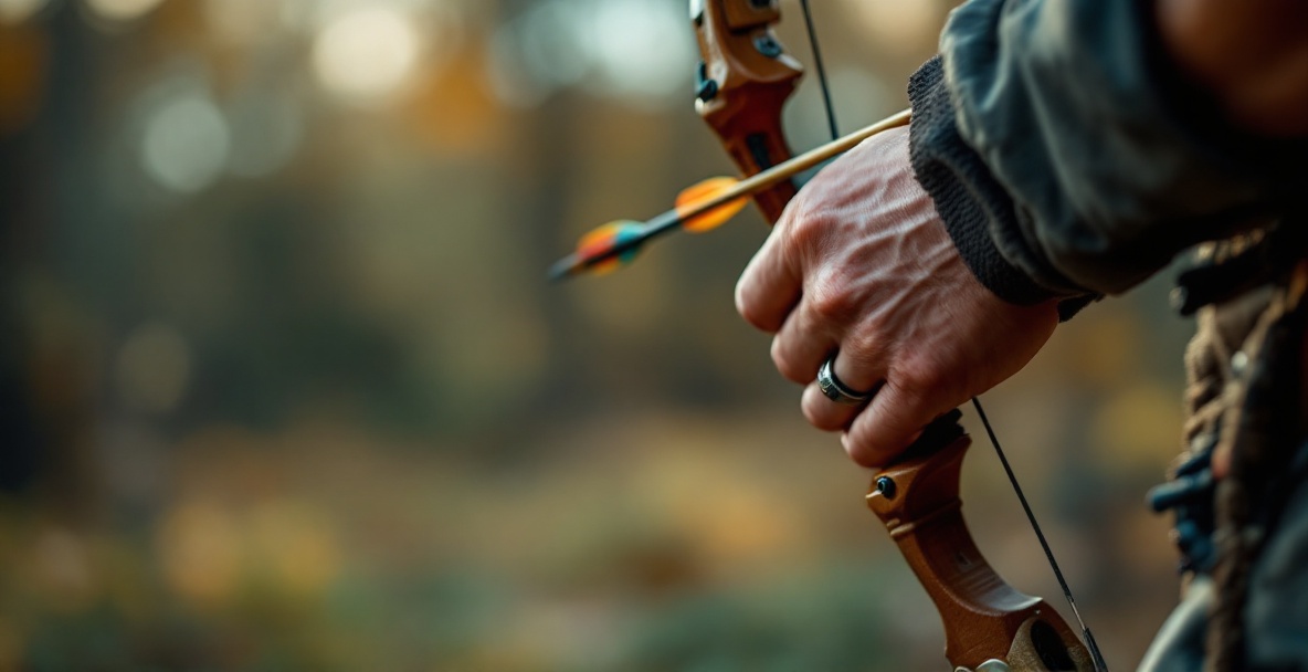 Close-up of an archer's hands nocking an arrow with visible stabilizer weights on a polished bow.