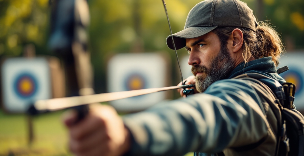 Experienced archer mid-draw at a range, showcasing advanced techniques and quality gear.
