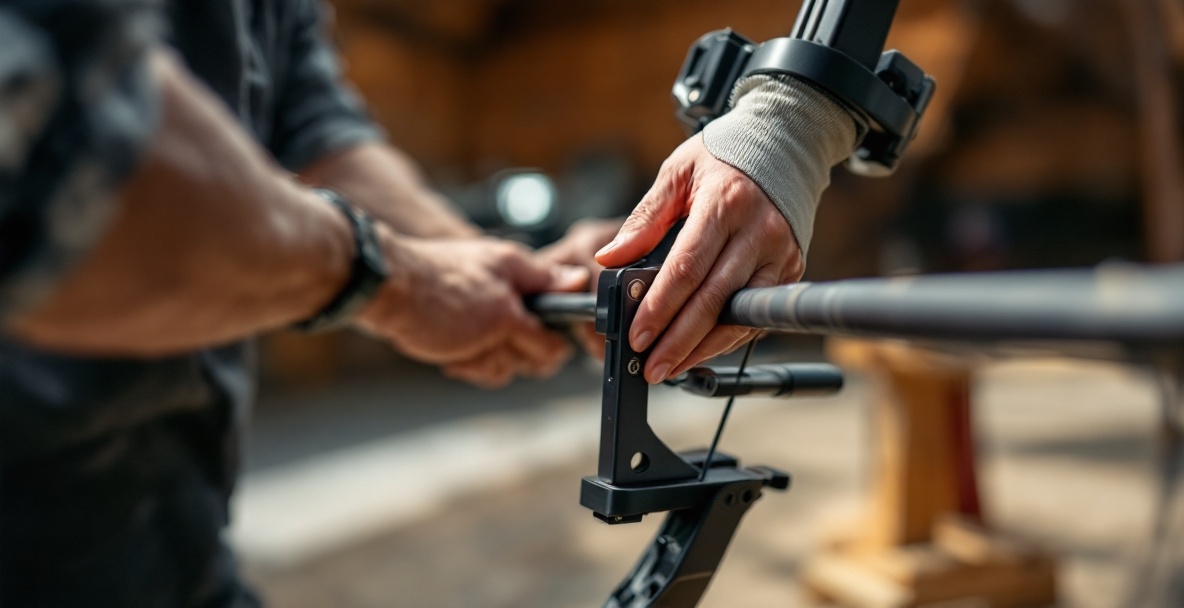 Archer attaching a sleek stabilizer to a modern bow in an indoor range.