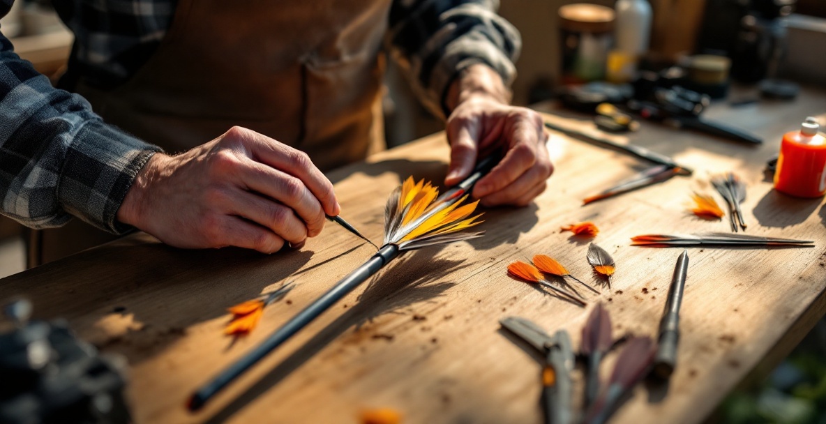 Close-up of hands attaching feather fletchings to a carbon arrow on a wooden workbench.