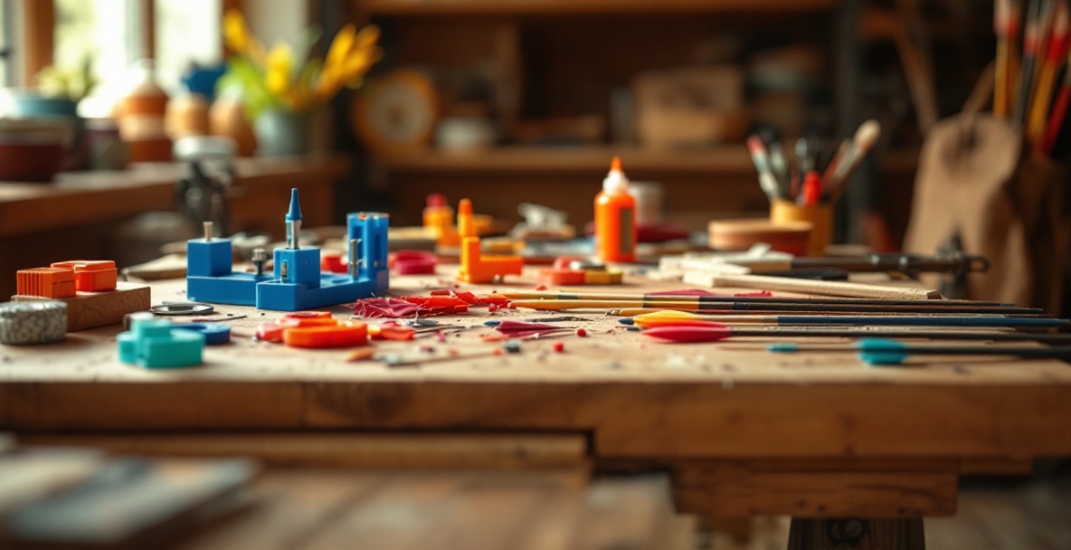 Home workshop with tools for fletching arrows on a wooden bench.