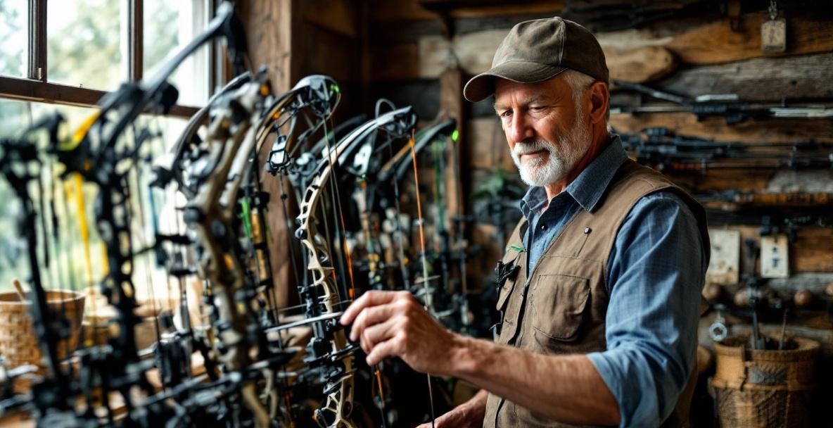 Middle-aged archer selecting a bow in a well-lit shop, hand touching a modern compound bow with stabilizer weights.