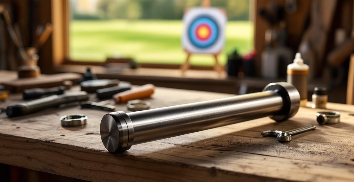 Archery stabilizer weight with tools on a wooden bench, archery target visible through a window.