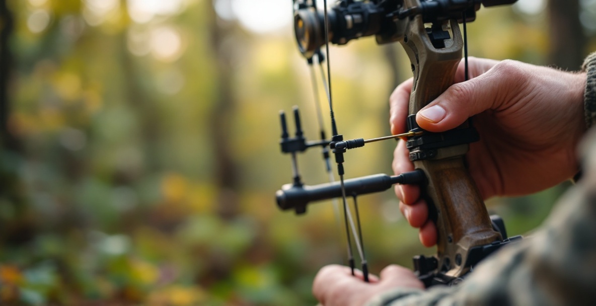 Archer adjusting pins on a compound bow's sight in a natural setting.