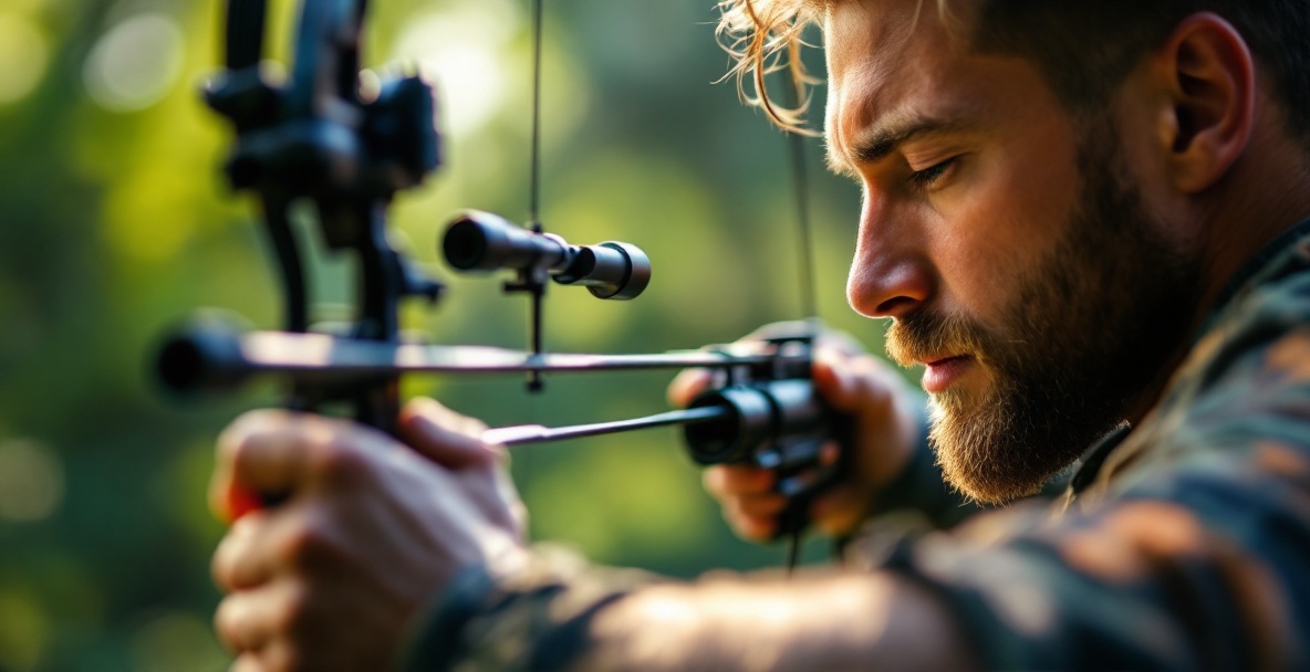 Archer adjusts bow sight pins with precision in a sunny outdoor setting.