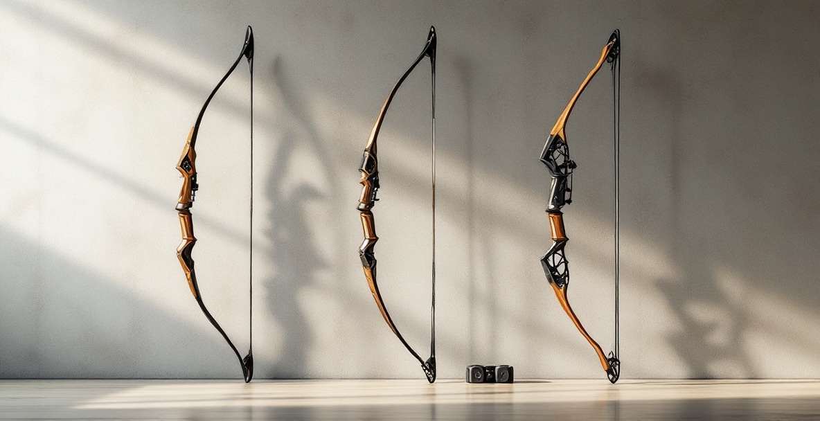 Recurve, compound, and longbows side by side on a textured backdrop.