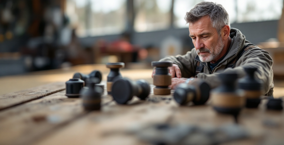 Archer examines stabilizer weights on a table in a well-lit scene.