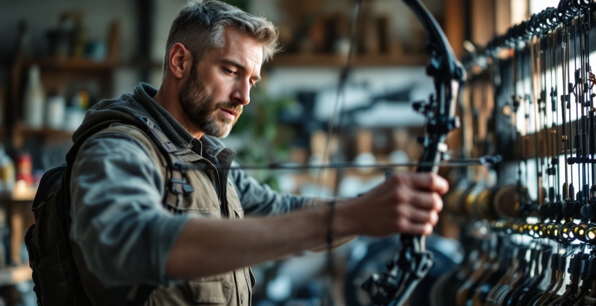 Archer examines bows in a well-lit shop, focusing on quality options.