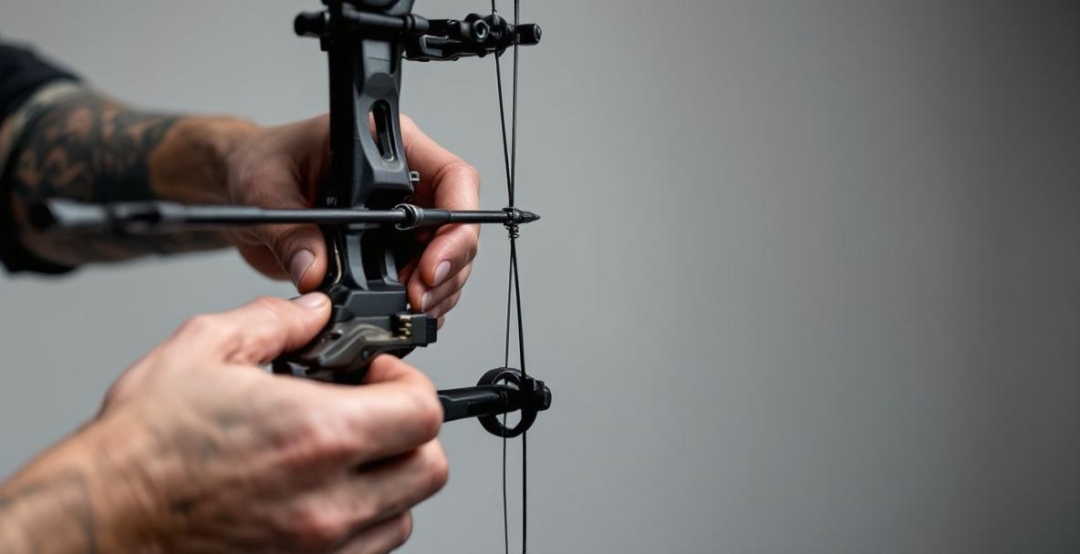 Close-up of an archer adjusting sleek carbon fiber bow with high-quality stabilizer weights.