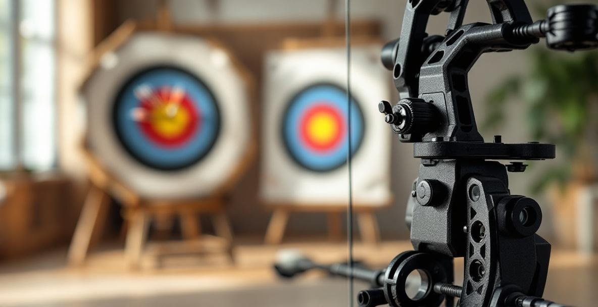 A compound bow with a sleek stabilizer on a wooden stand in an archery range.