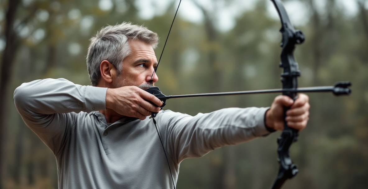 Middle-aged archer in mid-draw, showcasing perfect form with visible stabilizer against a blurred forest backdrop.