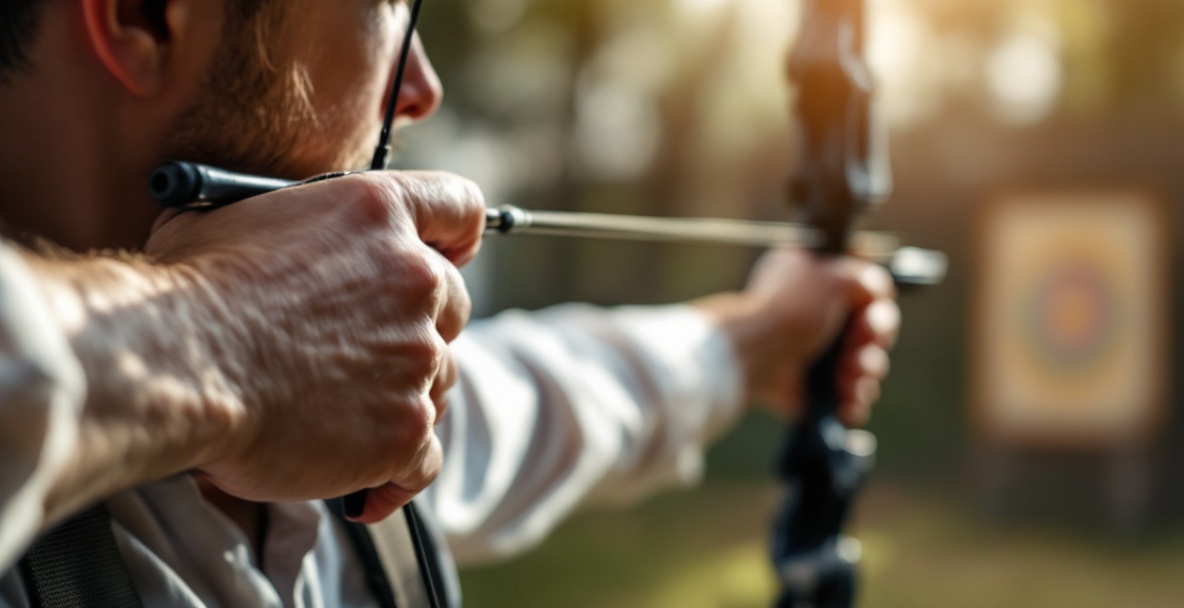 Close-up of a skilled archer's hand on a bow with durable stabilizer weights at an archery range.