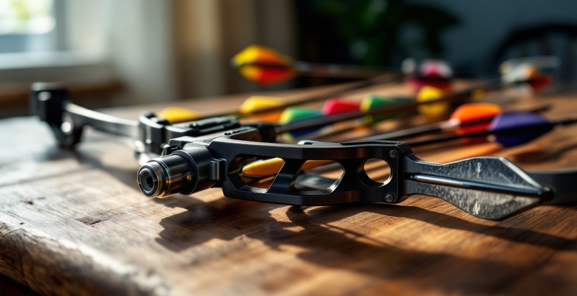 Modern archery bow with metal stabilizer weights and arrows on a wooden table with natural lighting.