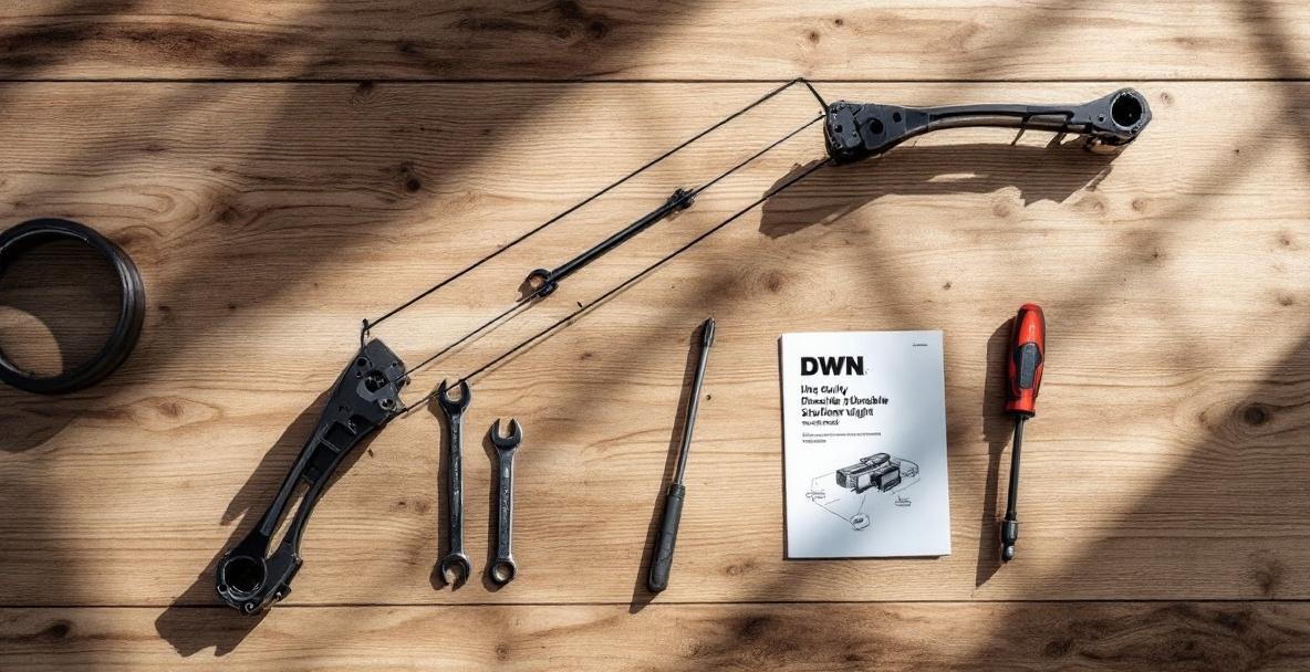 Neatly arranged workspace for installing a bow sight with bow components and tools.