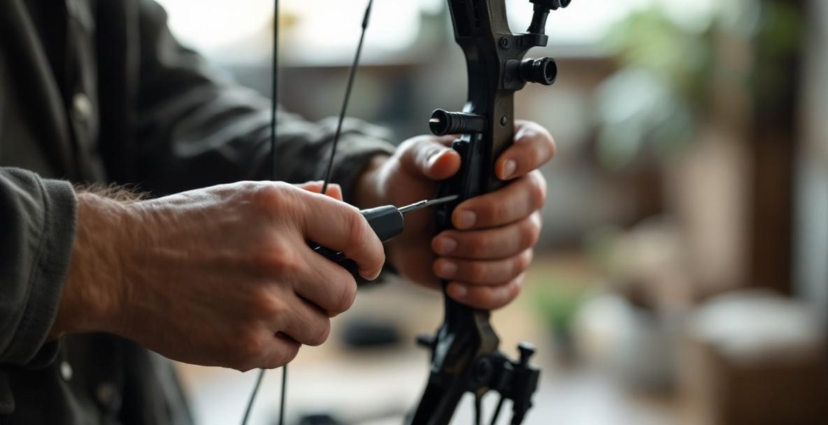 Close-up of an archer adjusting a bow sight with a tool indoors.