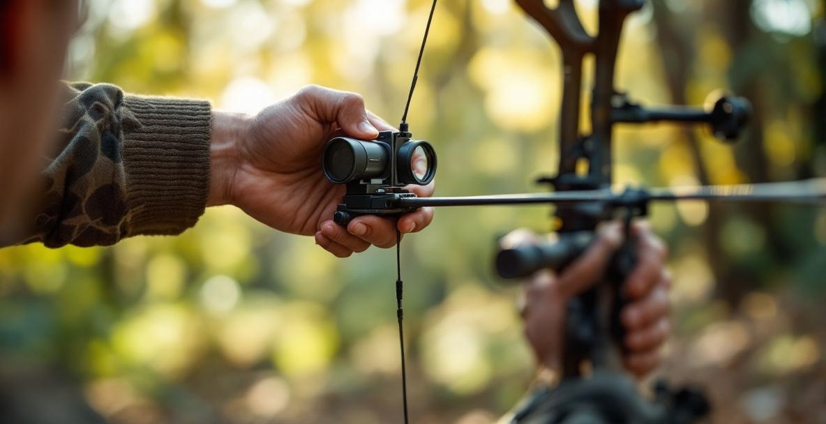 Archer's hands adjusting a bow sight on a compound bow with a blurred background.