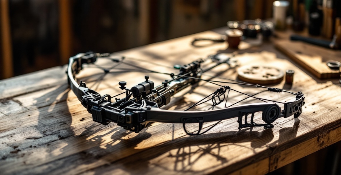 Compound bow with stabilizer weights on a wooden workbench.