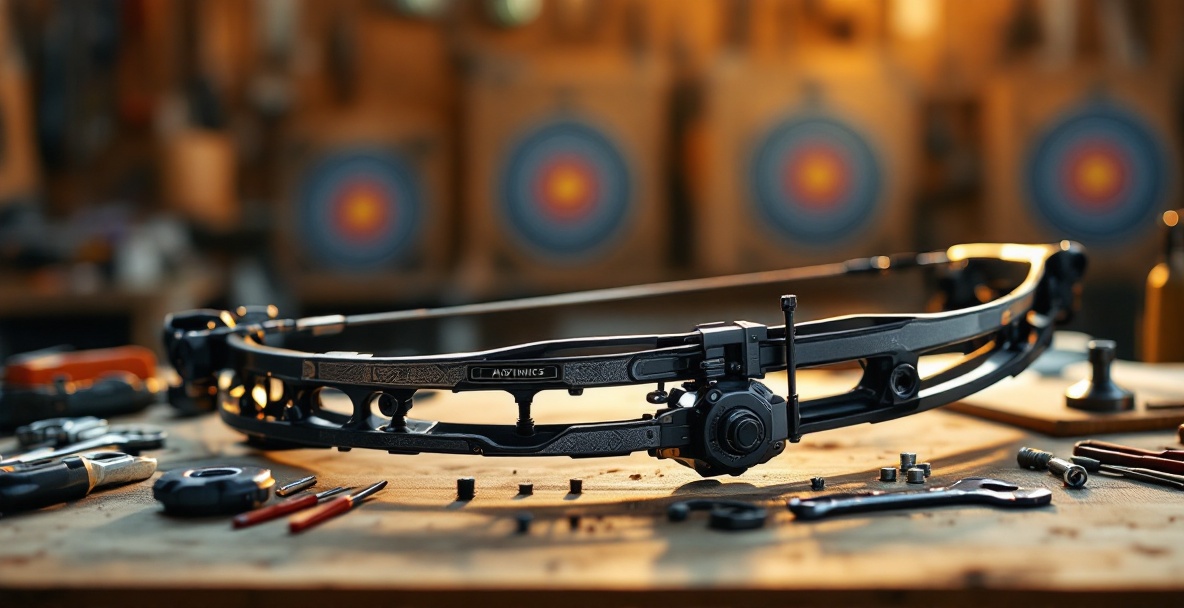 Compound bow with stabilizer weights on a workbench in a well-lit workshop.