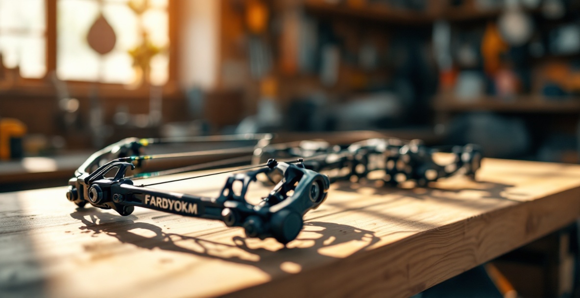 A compound bow with stabilizer weights on a workbench in a sunlit workshop.