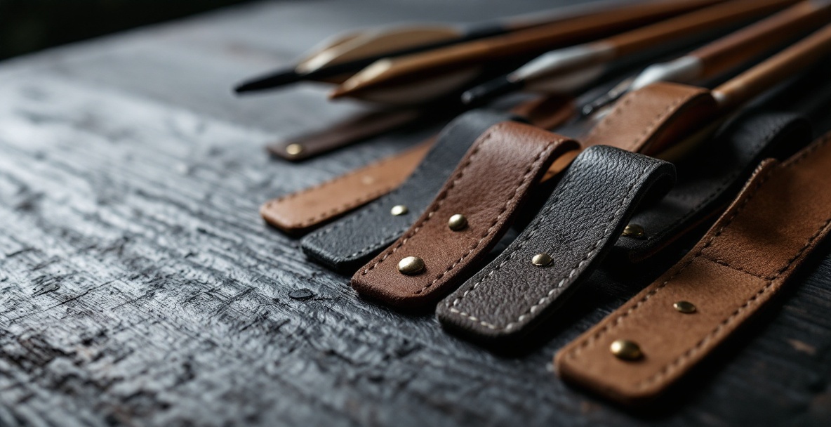 Various high-quality finger tabs for archers on a dark wooden table with arrows and weights.