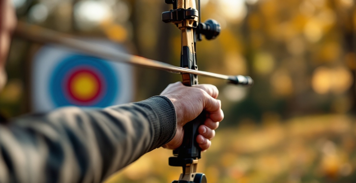 Archer releasing an arrow, focusing on a durable finger tab, with a blurred target in the background.