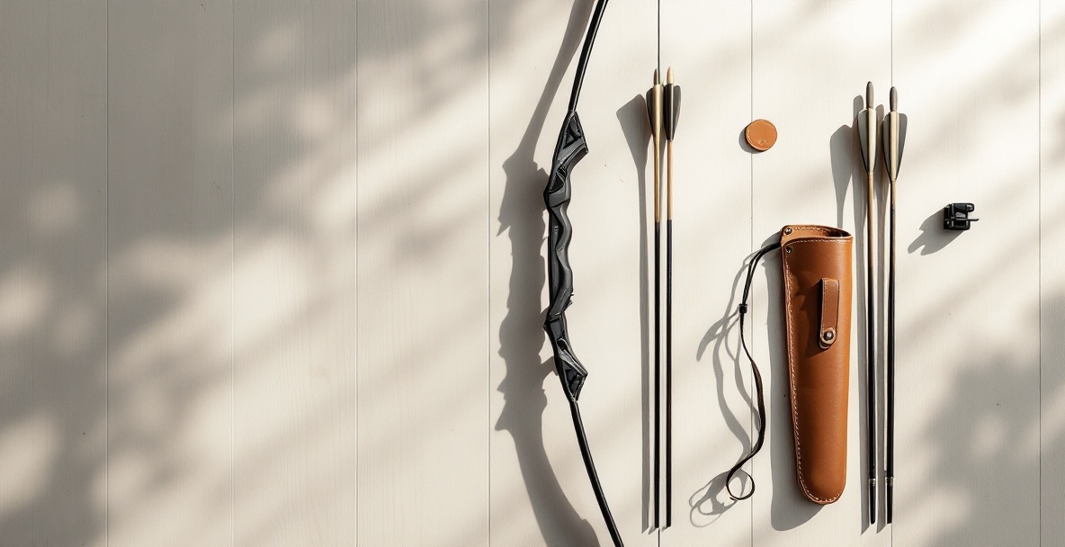 Essential recurve bow gear on light wood: carbon fiber bow, leather finger tab, quiver, arrows, and adjustable sight.