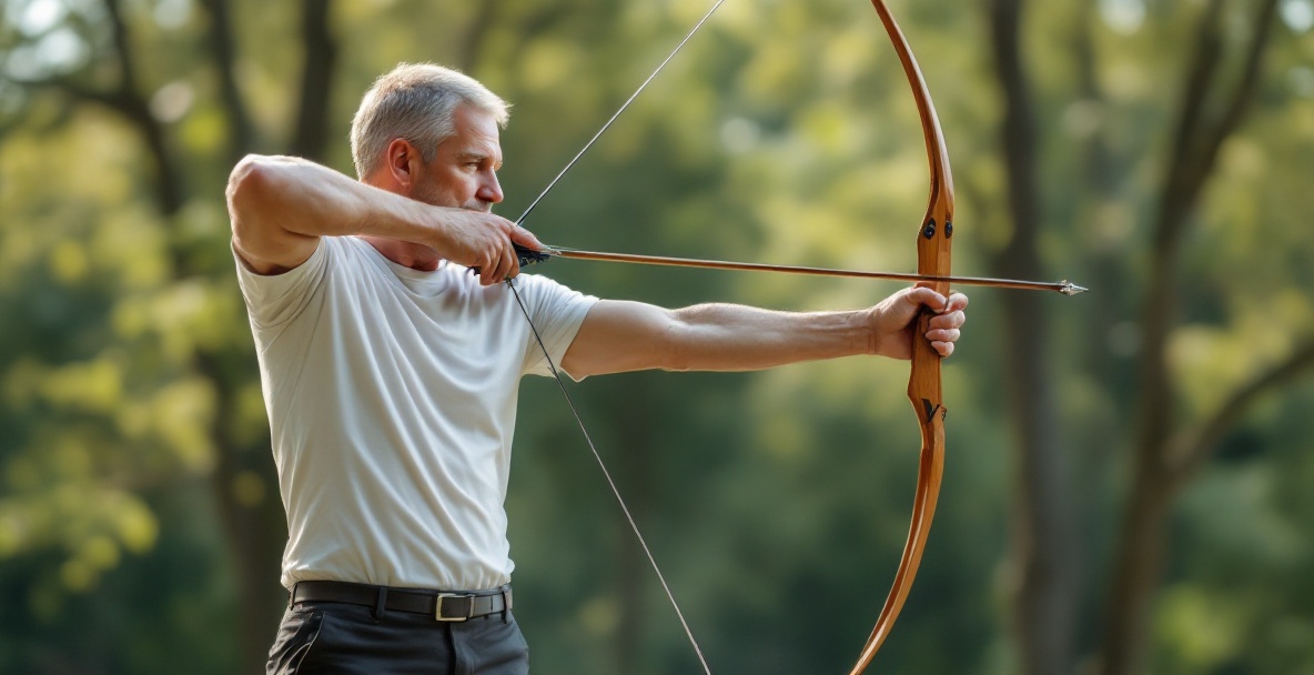 Middle-aged archer in perfect form outdoors, using a detailed recurve bow with sleek stabilizer weights.