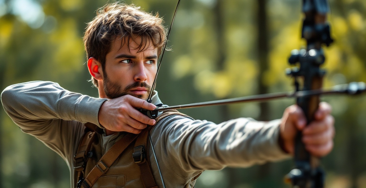 Archer mastering advanced techniques with a recurve bow in a forest setting.