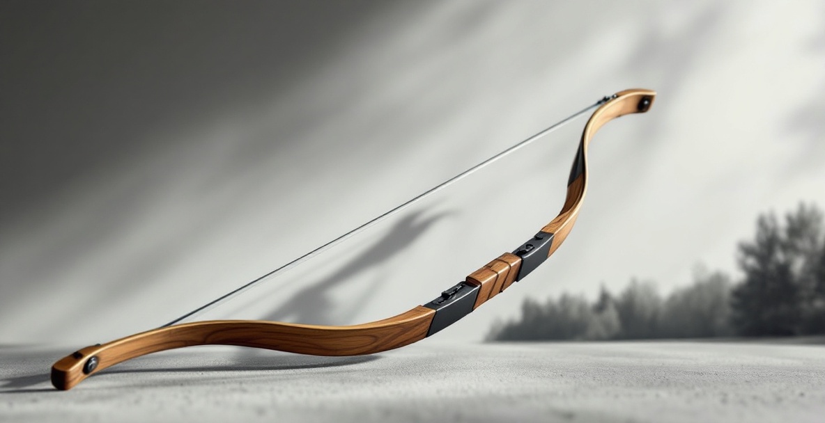 Recurve bow with wooden craftsmanship, elegantly designed against a subtle background.