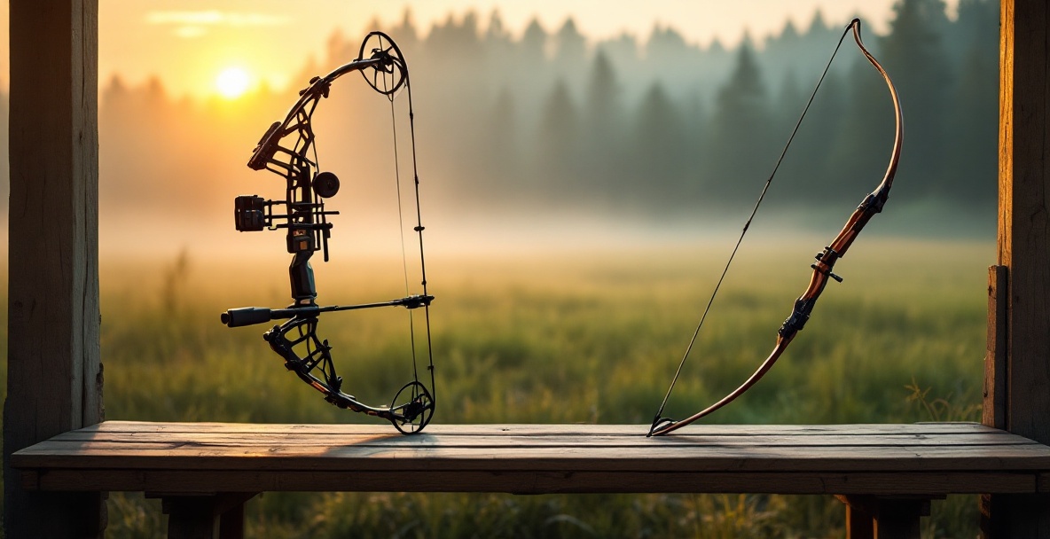 A modern compound bow and classic recurve bow on a wooden bench at a dawn archery range.