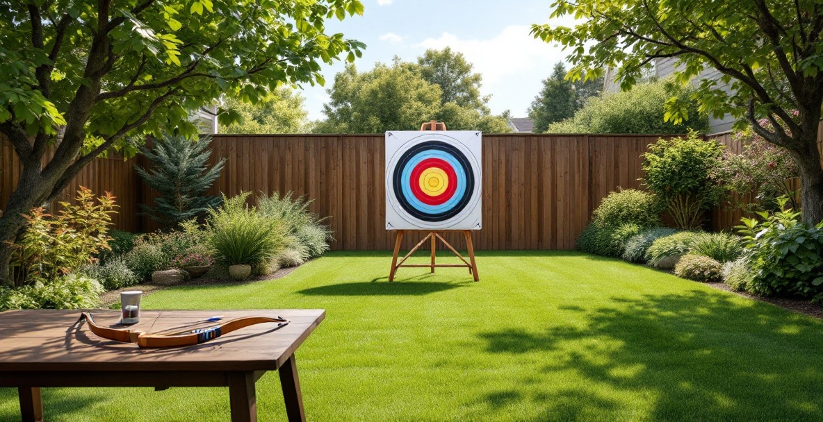 Backyard archery range with target, bow, and arrows on a sunny day.
