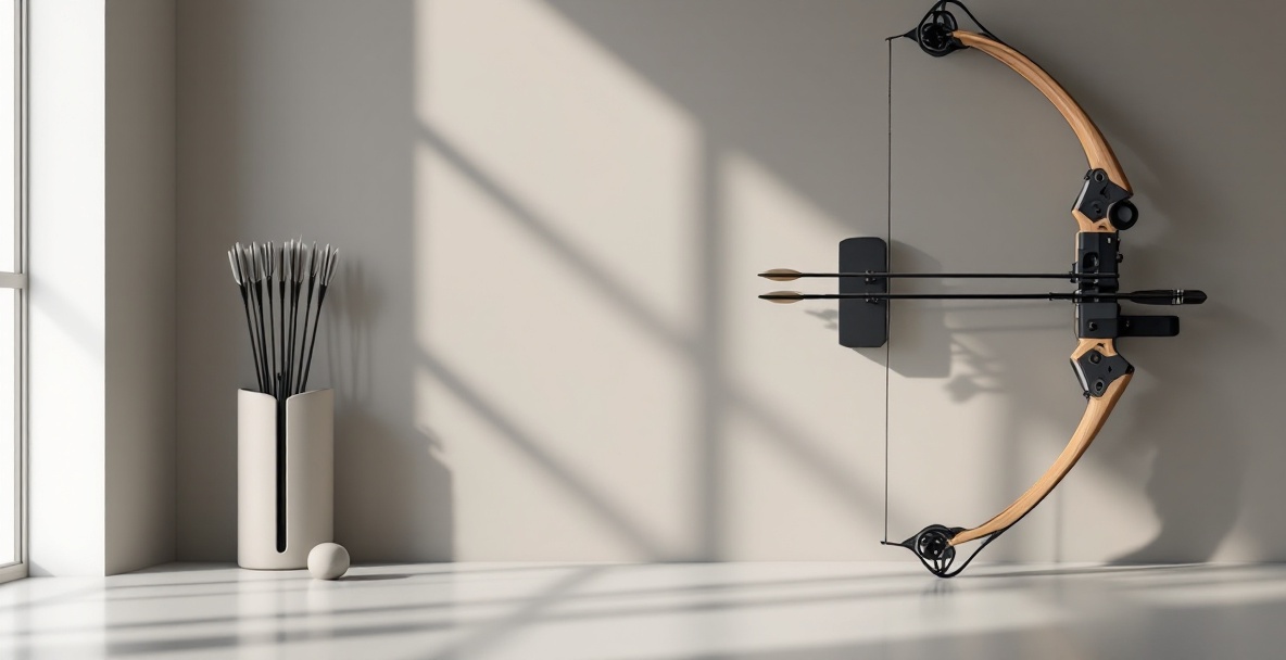 Minimalist home archery setup featuring a bow with stabilizer weights and a modern quiver of arrows.