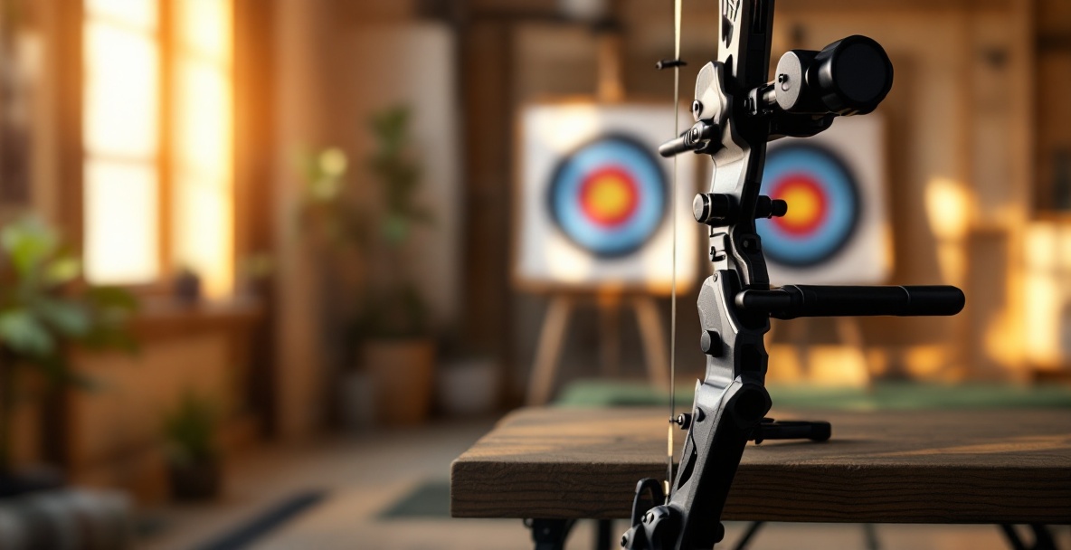 Close-up of sleek black stabilizer weights on a modern bow at a home archery range.