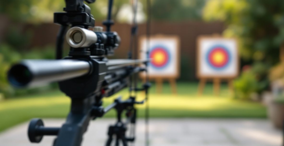 Compound bow with durable stabilizer on a stand in a home archery setup with target range.