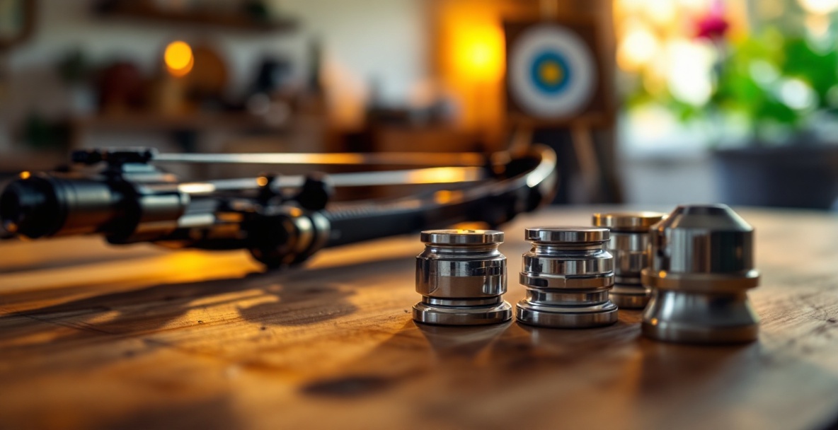 Close-up of modern bow with stabilizers on wooden table in home archery range.